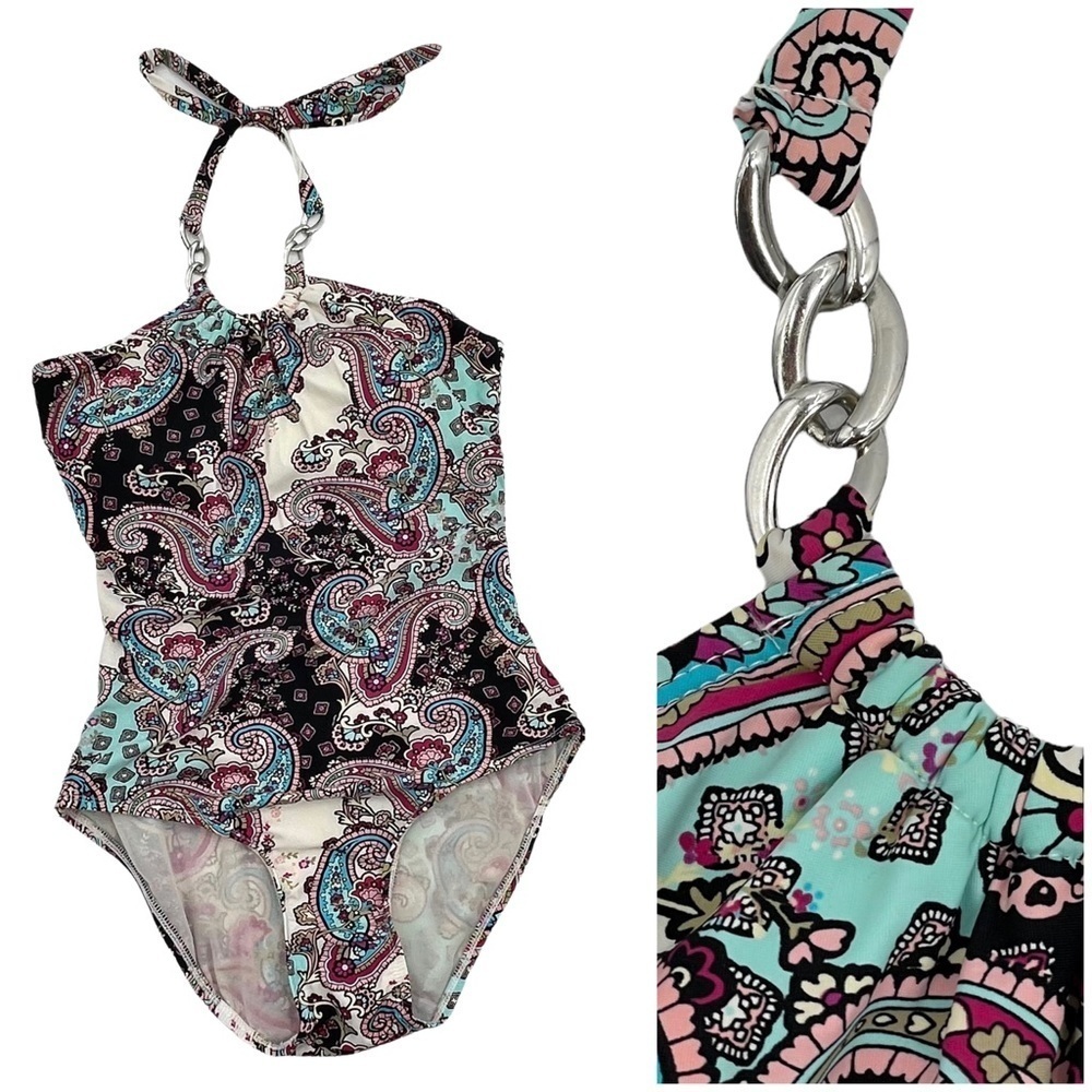 Love Your Assets Spanx One-Piece Swimsuit Halter Neck Chain Detail Paisley | M